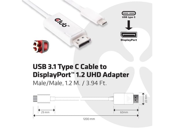 Club 3D - DisplayPort-kabel - 24 pin USB-C (hann) til DisplayPort (hann) - 1.2 m - 4K-støtte