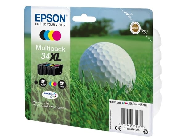 Epson Golf ball Multipack 4-colours 34XL DURABrite Ultra Ink, Korkea (XL) värintuotto, Väriainepohjainen muste, 16,3 ml, 10,8 ml, 1 kpl, Monipakkaus