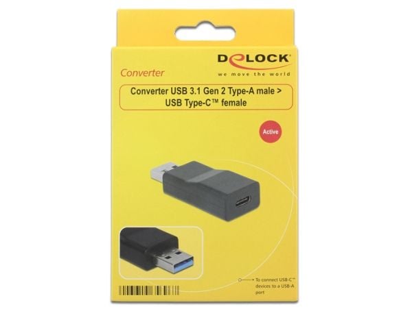 Delock - USB-adapter - USB-type A (hann) til USB-C (hunn) - USB 3.1 Gen 2 - 1 A - aktiv - svart