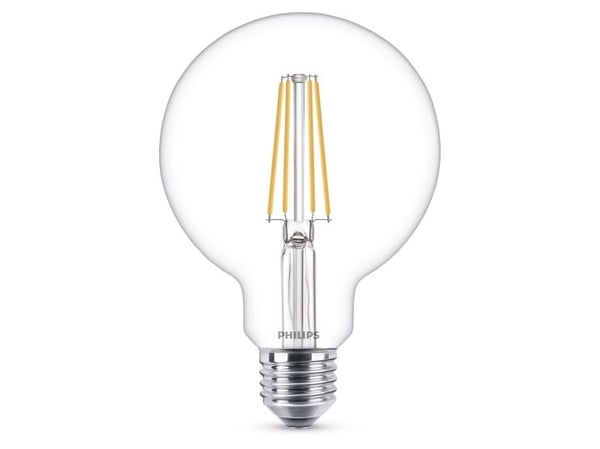 Philips - LED-lyspære - form: globus - klar finish - E27 - 7 W (ekvivalent 60 W) - klasse A++ - varmt hvitt lys - 2700 K