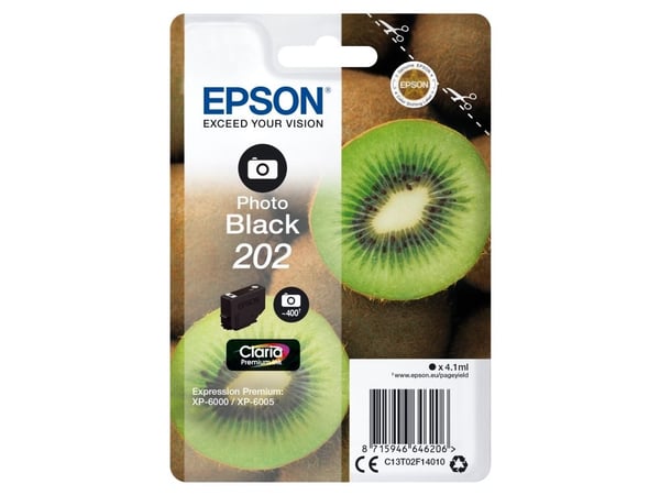 Epson Kiwi Singlepack Photo Black 202 Claria Premium Ink, Perusvärintuotto, Väripohjainen muste, 4,1 ml, 400 sivua, 1 kpl