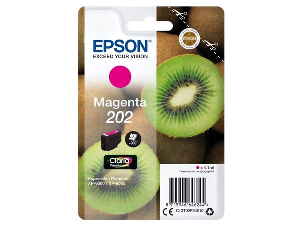 Epson Kiwi Singlepack Magenta 202 Claria Premium Ink, Perusvärintuotto, Magenta, Väriainepohjainen muste, 4,1 ml, 1 kpl, 300 sivua