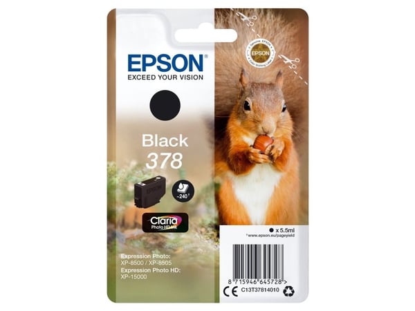 Epson Squirrel Singlepack Black 378 Claria Photo HD Ink, Perusvärintuotto, Väriainepohjainen muste, 5,5 ml, 240 sivua, 1 kpl