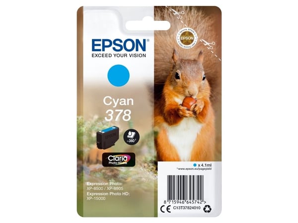 Epson Squirrel Singlepack Cyan 378 Claria Photo HD Ink, Perusvärintuotto, 4,1 ml, 360 sivua, 1 kpl