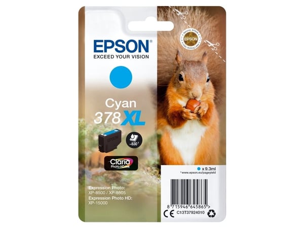 Epson Squirrel Singlepack Cyan 378XL Claria Photo HD Ink, Korkea (XL) värintuotto, Syaani, 9,3 ml, 1 kpl, 830 sivua