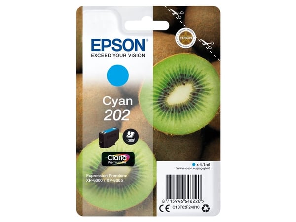 Epson Kiwi Singlepack Cyan 202 Claria Premium Ink, Perusvärintuotto, Syaani, 4,1 ml, 1 kpl, 300 sivua