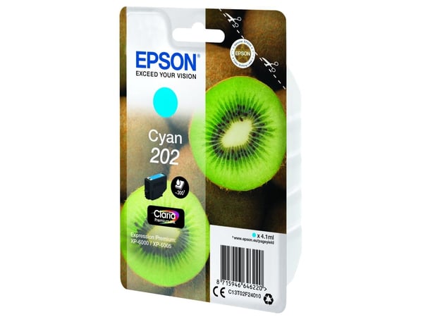 Epson Kiwi Singlepack Cyan 202 Claria Premium Ink, Perusvärintuotto, Syaani, 4,1 ml, 1 kpl, 300 sivua