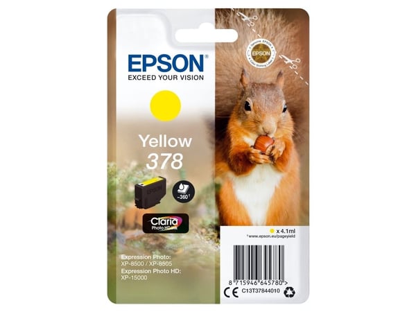 Epson Squirrel Singlepack Yellow 378 Claria Photo HD Ink, Perusvärintuotto, Väriainepohjainen muste, 4,1 ml, 360 sivua, 1 kpl