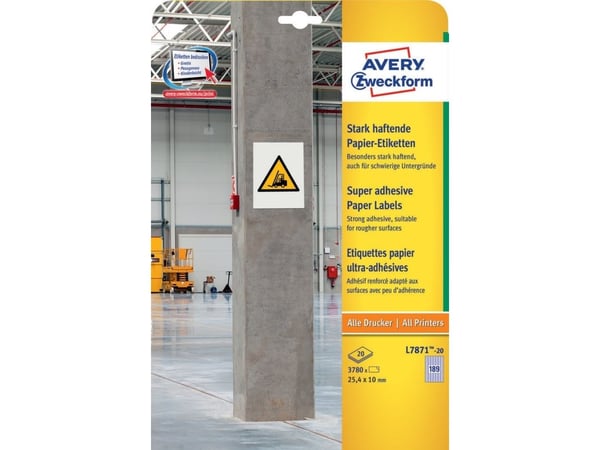 Avery L7871-20, Hvit, Rektangel, Permanent, DIN A4, Papir, Laser/Blekkskriver