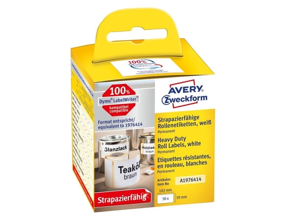 Avery A1976414, Hvit, Avrundet rektangel, Permanent, Rolle, Folie, Direkte Termisk