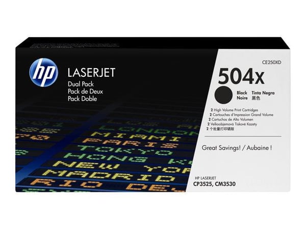 HP 504X - 2-pack - Høy ytelse - svart - original - LaserJet - tonerpatron (CE250XD) - for Color LaserJet CM3530 MFP, CM3530fs MFP, CP3525, CP3525dn...