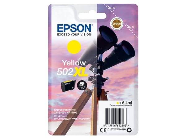 Epson 502XL - 6.4 ml - høykapasitets - gul - original - blære med RF/lyd-alarm - blekkpatron - for Expression Home XP-5100, XP-5150; WorkForce WF-2...