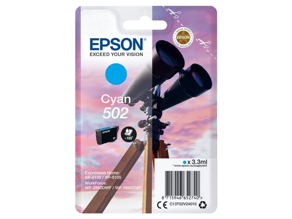 Epson Singlepack Cyan 502 Ink, Perusvärintuotto, Syaani, 3,3 ml, 1 kpl, 165 sivua