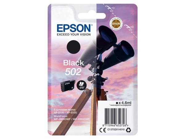 Epson Singlepack Black 502 Ink, Perusvärintuotto, Musta, Väriainepohjainen muste, 4,6 ml, 1 kpl, 210 sivua