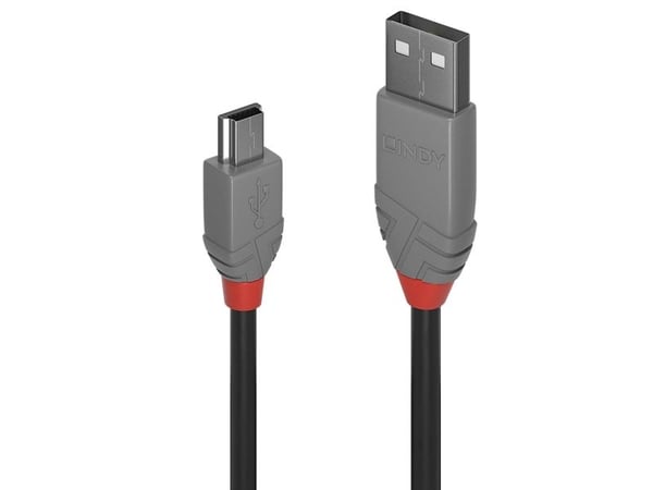 Lindy 36723, 2 m, USB A, Mini-USB B, USB 2.0, 480 Mbit/s, Sort, Grå