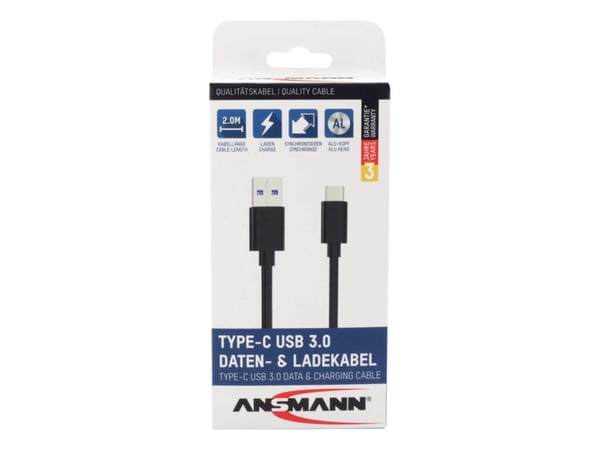 Ansmann 1700-0081, 2 m, USB A, USB C, USB 3.2 Gen 1 (3.1 Gen 1), 5000 Mbit/s, Sort