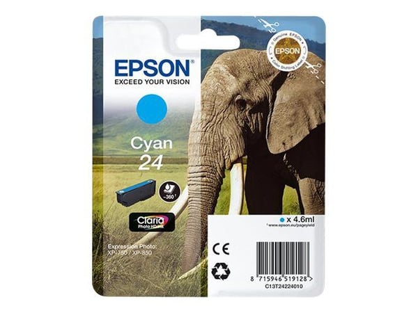 Epson 24 – 4,6 ml – syaani – alkuperäinen – läpipainopakkaus – mustekasetti – malleille Expression Photo XP-55, 750, 760, 850, 860, 950, 960; Expre...