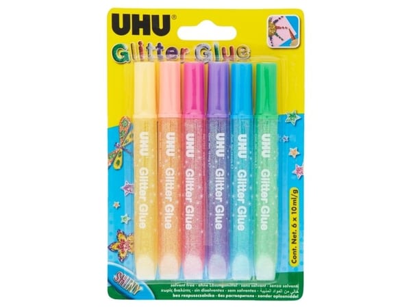 UHU Glitter Glue Shiny, Kimalleliima, Monivärinen, 6 väriä, Poika/tyttö, Kiina, 6 kpl
