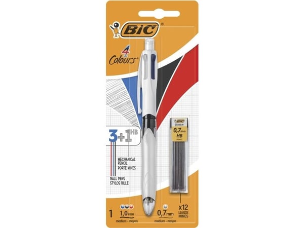BIC 4 Colours 3+1HB - Kombo med 3-farget kulepenn og blyantpenn - HB - svart, rød, blå, grå - medium - retraktil - med viskelær