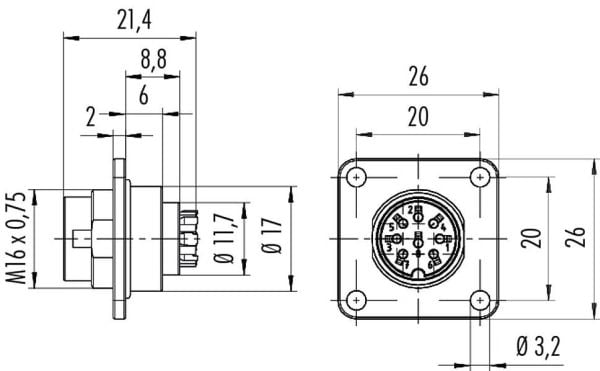 BINDER 09 0115 370 05, 6 A, 250 V, Hanstik, metallinen, IP67