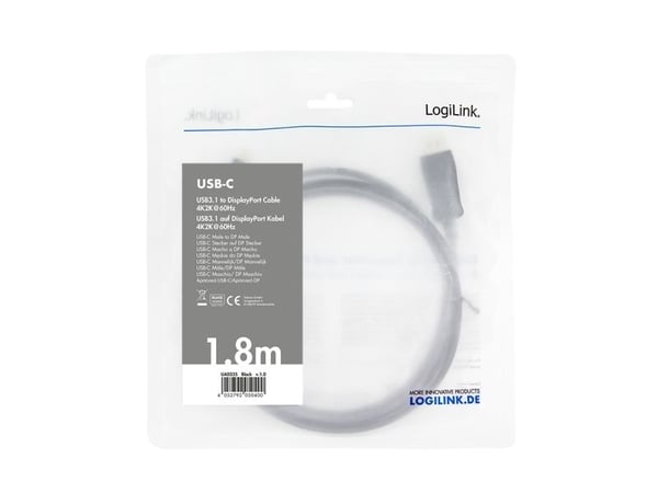 LogiLink UA0335, 1,8 m, USB Type-C, DisplayPort, Hanstik, Suora, Suora