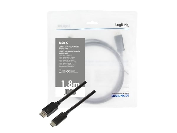 LogiLink UA0335, 1,8 m, USB Type-C, DisplayPort, Hanstik, Suora, Suora