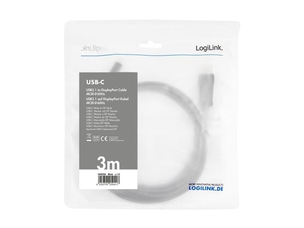LogiLink UA0336, 3 m, USB Type-C, DisplayPort, Hanstik, Suora, Suora