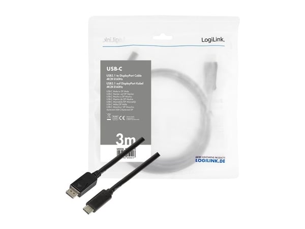 LogiLink UA0336, 3 m, USB Type-C, DisplayPort, Hanstik, Suora, Suora