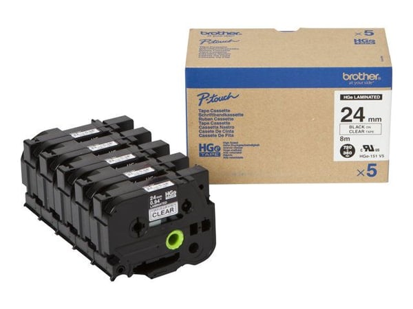 Brother HGE-151V5 - Svart på blank - Rull (2,4 cm x 8 m) 5 kassett(er) laminert teip - for P-Touch PT-9500pc, PT-9800PCN
