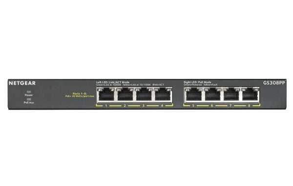 NETGEAR GS308PP - Switch - ikke-styrt - 8 x 10/100/1000 (PoE+) - stasjonær, veggmonterbar - PoE+ (83 W) - DC-strøm
