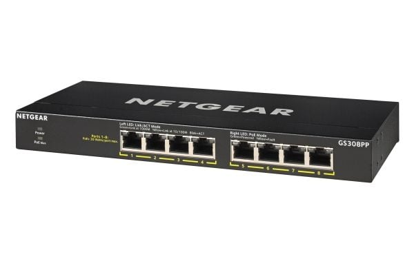 NETGEAR GS308PP - Switch - ikke-styrt - 8 x 10/100/1000 (PoE+) - stasjonær, veggmonterbar - PoE+ (83 W) - DC-strøm