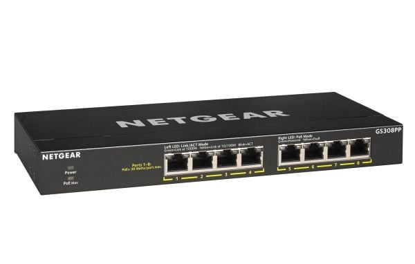 NETGEAR GS308PP - Switch - ikke-styrt - 8 x 10/100/1000 (PoE+) - stasjonær, veggmonterbar - PoE+ (83 W) - DC-strøm