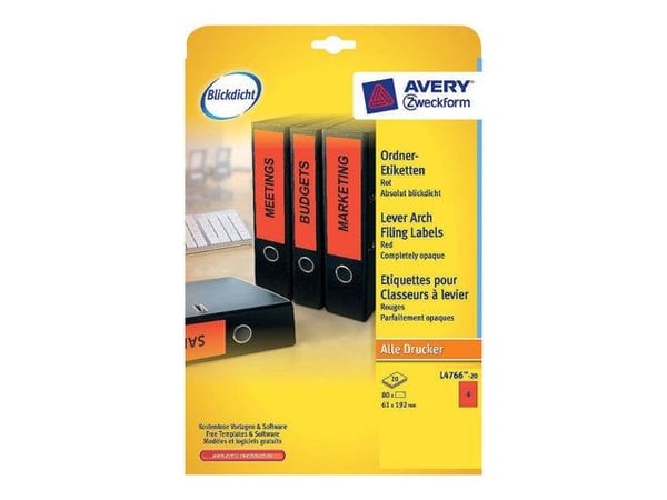 Avery L4766 - Röd - 61 x 192 mm 80 stk (20 ark x 4) etiketter för filmappar