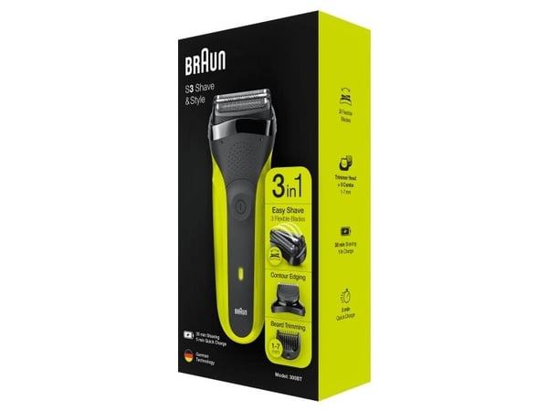 Braun Series 3 81702942, Teräverkollinen parranajokone, Musta, Vihreä, Painikkeet, LED, Lataus, Teho, AC/Akku