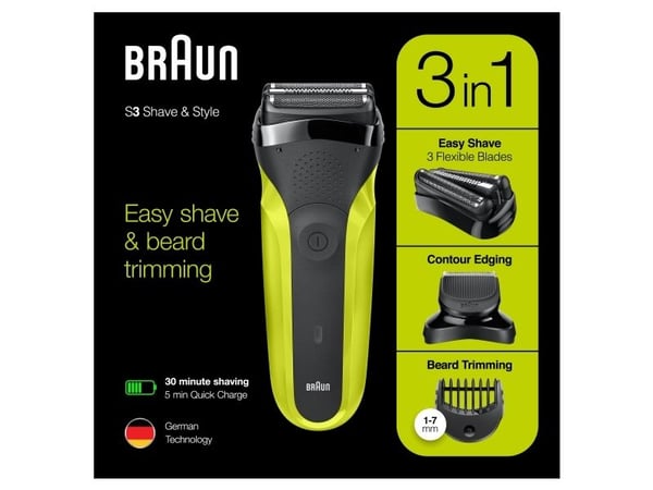 Braun Series 3 81702942, Teräverkollinen parranajokone, Musta, Vihreä, Painikkeet, LED, Lataus, Teho, AC/Akku