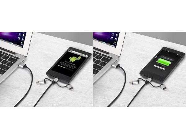 Renkforce RF-3335108, 1 m, USB A, USB C/Micro-USB B/Lightning, USB 2.0, 480 Mbit/s, Harmaa