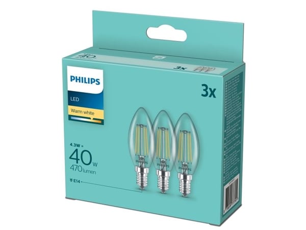 Philips - LED-filamentlyspære - form: B35 - klar finish - E14 - 4.3 W (ekvivalent 40 W) - klasse F - varmt hvitt lys - 2700 K (en pakke 3)