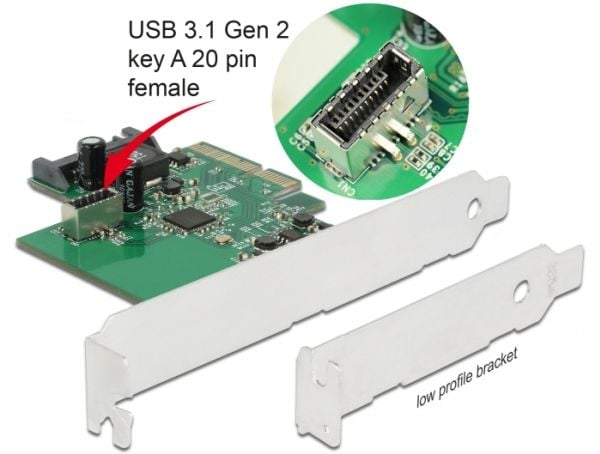 Delock PCI Express Card to 1 x internal USB 3.2 Gen 2 key A 20 pin female - USB-adapter - PCIe 3.0 x4 lav profil - USB 3.2 Gen 2 (internt) x 1