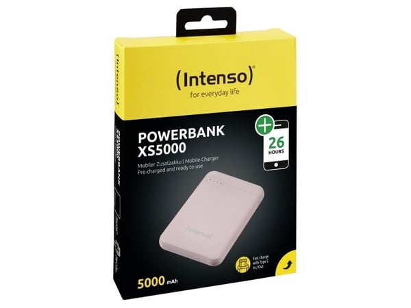 Intenso Powerbank XS5000 - Strømbank - 5000 mAh - 2.1 A - 2 utgangskontakter (USB, USB-C) - på kabel: USB-C - rosa