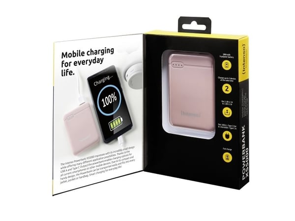 Intenso Powerbank XS5000 - Strømbank - 5000 mAh - 2.1 A - 2 utgangskontakter (USB, USB-C) - på kabel: USB-C - rosa