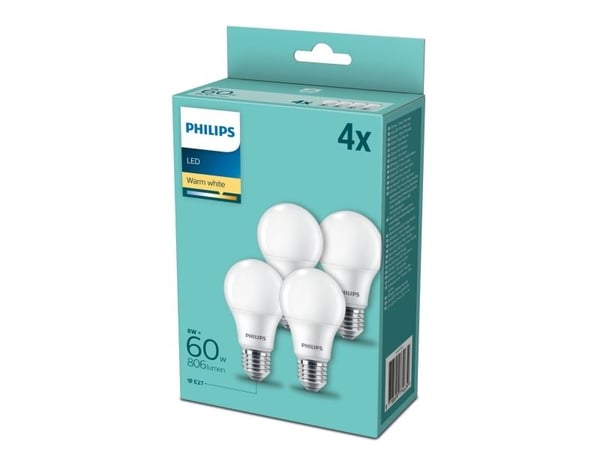 Philips - LED-lyspære - form: A60 - mattslipt finish - E27 - 8 W (ekvivalent 60 W) - klasse F - varmt hvitt lys - 2700 K (en pakke 4)