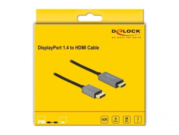 Delock - Adapterkabel - DisplayPort hann til HDMI hann - 3 m - grå, svart - 4K-støtte, aktiv