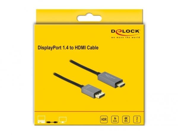 Delock - Adapterkabel - DisplayPort hann til HDMI hann - 2 m - grå, svart - 4K-støtte, aktiv