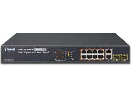 PLANET FGSD-1008HPS - Switch - smart - 8 x 10/100 (PoE+) + 2 x kombinations-Gigabit SFP - skrivbordsmodell - PoE+ (125 W)