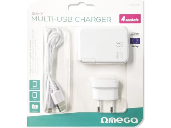 Omega USB-laddare 4xUSB EU + kabel vit (42672)