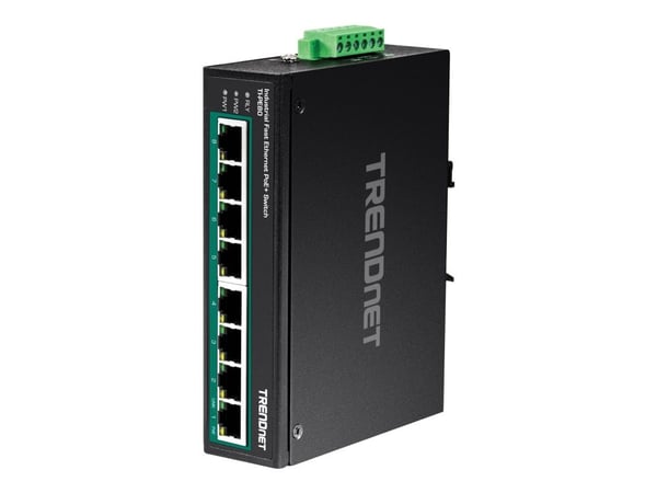 TRENDnet TI-PE80 - Industrial - switch - 8 x 10/100 (PoE+) - DIN-skinnemonterbar, veggmonterbar - PoE+ (200 W) - DC-strøm - TAA-samsvar