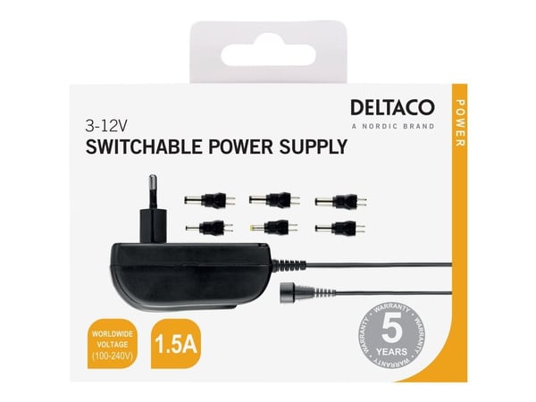 DELTACO PSR-15B - Strømadapter - AC 110-240 V - 18 watt - svart