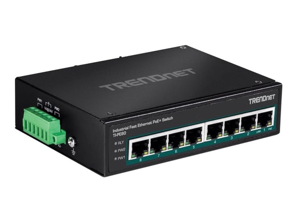 TRENDnet TI-PE80 - Industrial - switch - 8 x 10/100 (PoE+) - DIN-skinnemonterbar, veggmonterbar - PoE+ (200 W) - DC-strøm - TAA-samsvar
