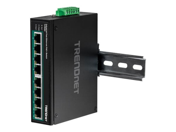 TRENDnet TI-PE80 - Industrial - switch - 8 x 10/100 (PoE+) - DIN-skinnemonterbar, veggmonterbar - PoE+ (200 W) - DC-strøm - TAA-samsvar