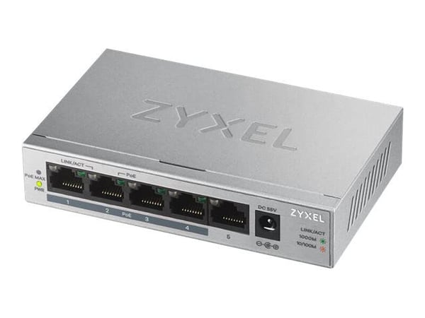 Zyxel GS1005HP - Switch - ikke-styrt - 4 x 10/100/1000 (PoE+) + 1 x 10/100/1000 - veggmonterbar, stasjonær - PoE (60 W)
